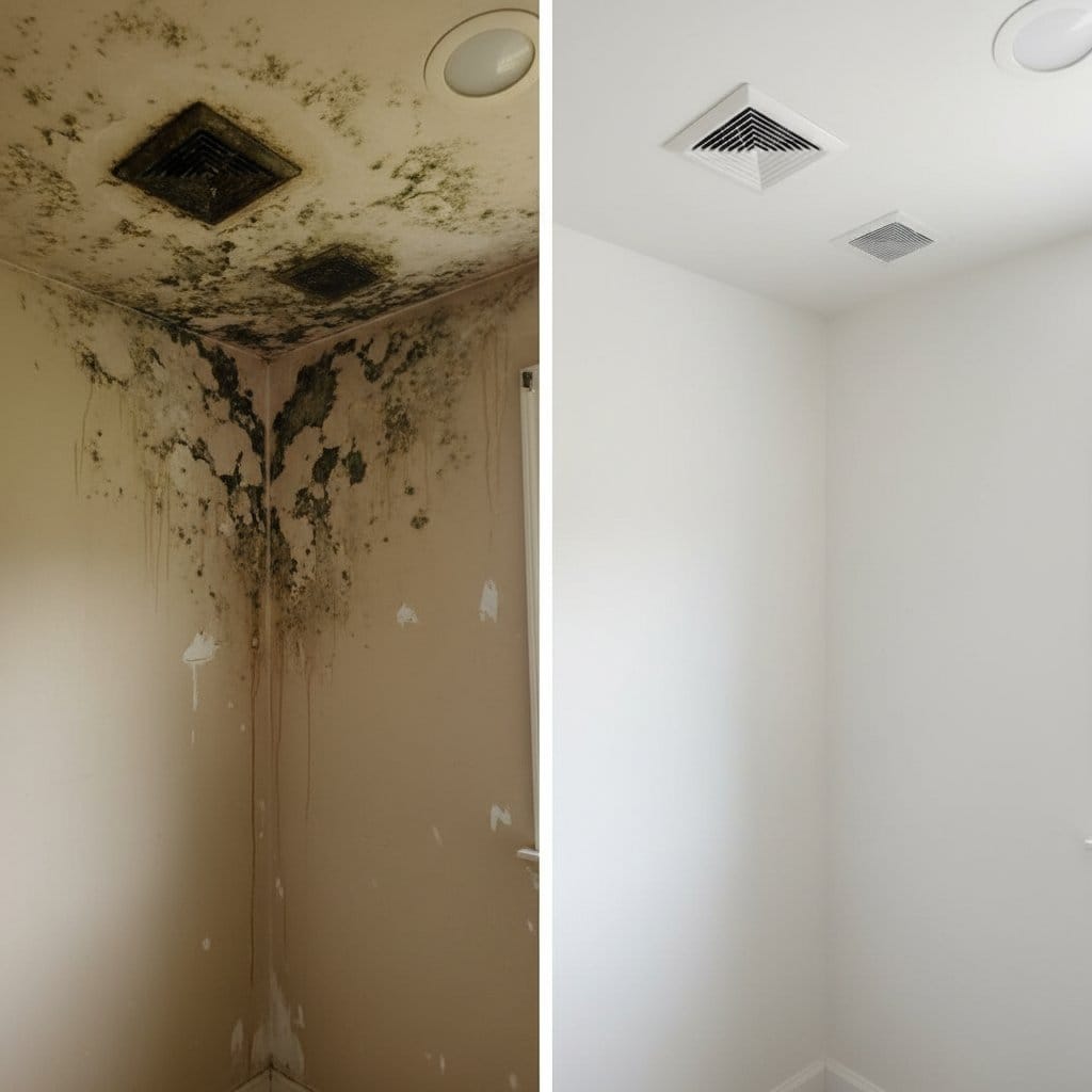 Before and after basement & foundation mold removal in Saddle River private residence bathroom