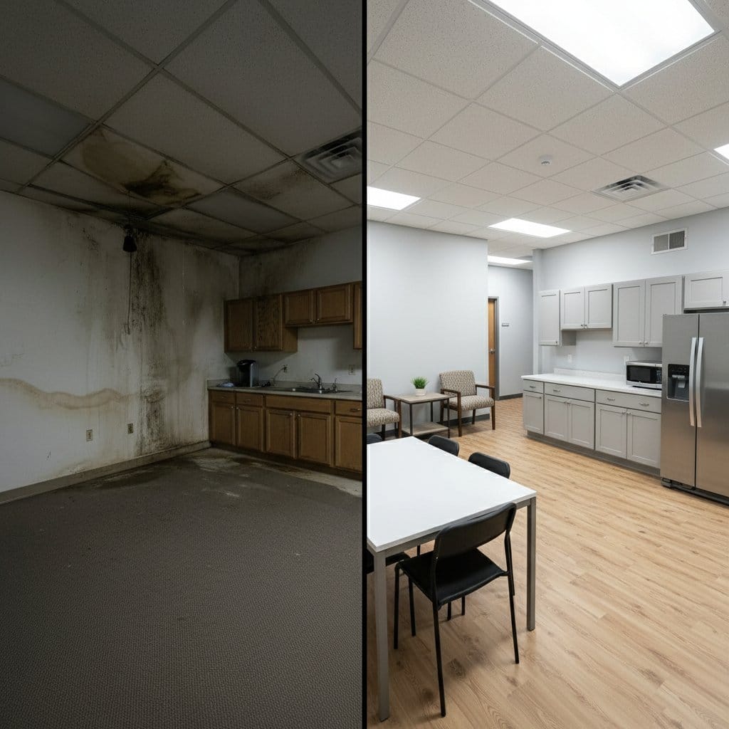 Before and after humidity & moisture control solution in Saddle River townhouse storefront interior