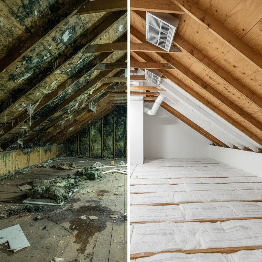 Before and after mold removal & remediation in Saddle River commercial property attic space
