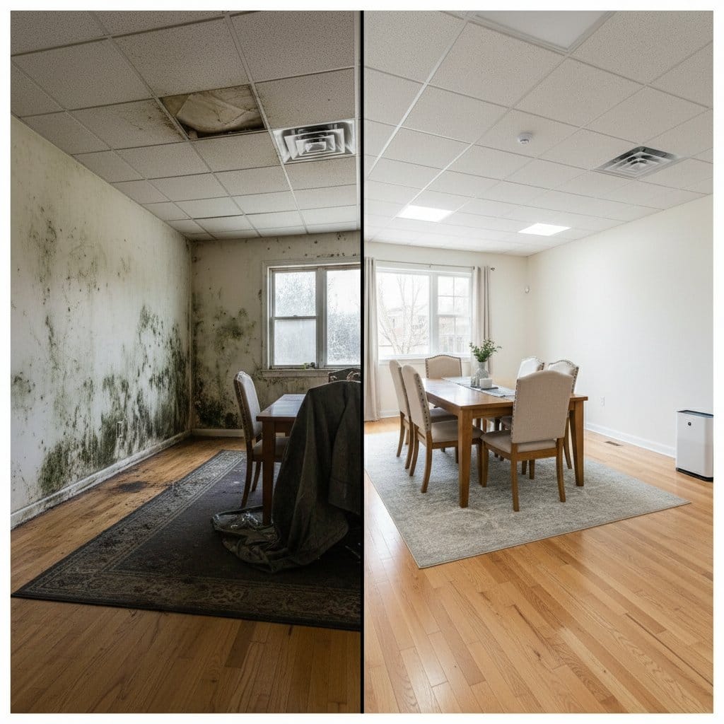 Before and after black mold removal in Saddle River bungalow dining room