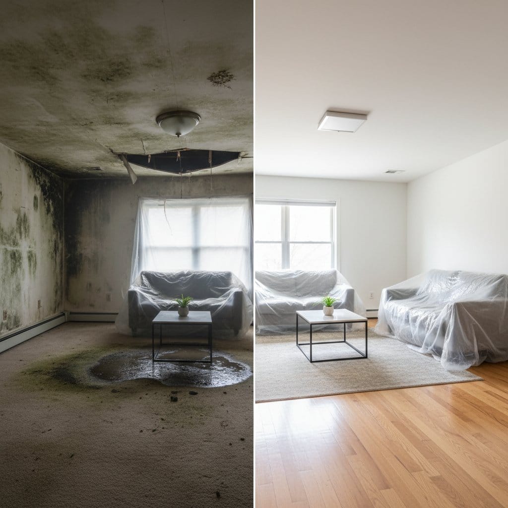 Bathroom & Kitchen Mold Removal before and after in living room, Saddle River NJ