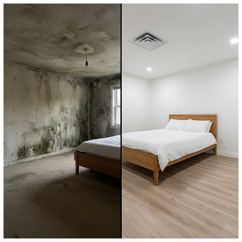 Before and after bathroom & kitchen mold removal in Saddle River bi-level home bedroom