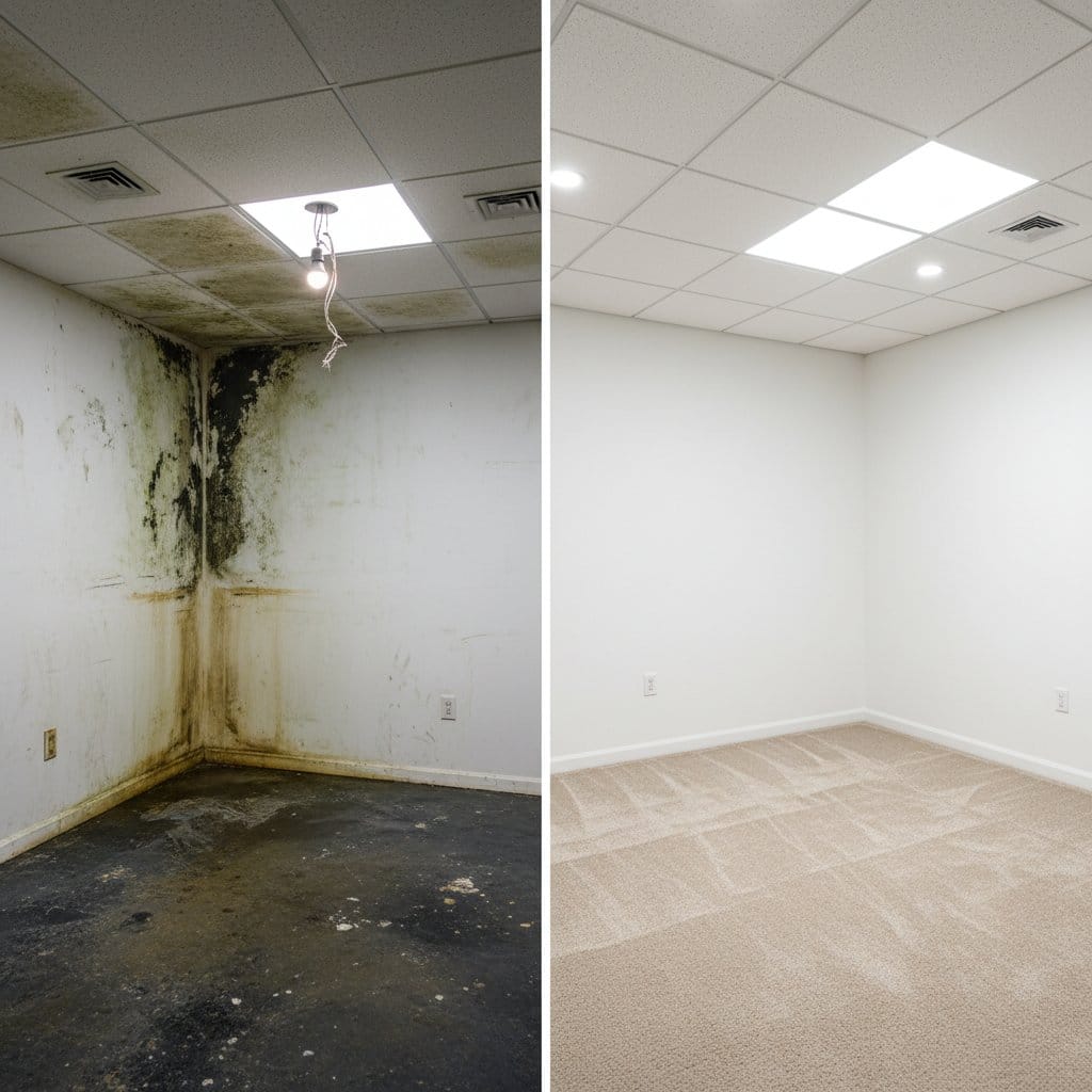 Humidity & Moisture Control Solution before and after in finished basement, Saddle River NJ