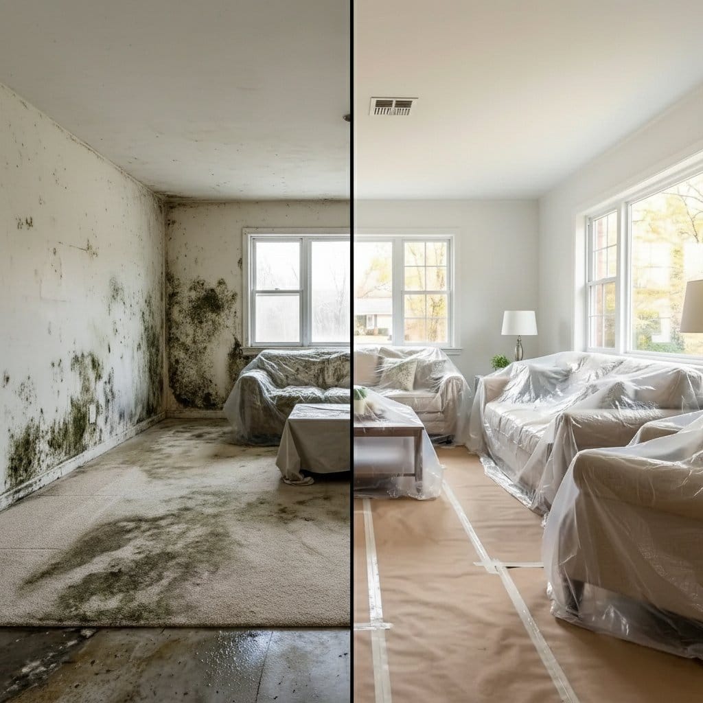 Saddle River Mold Removal living room restoration before and after in Saddle River